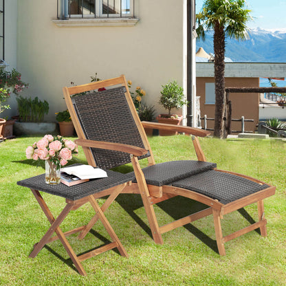 2 tumbonas plegables de ratán para patio con mesa de madera de acacia