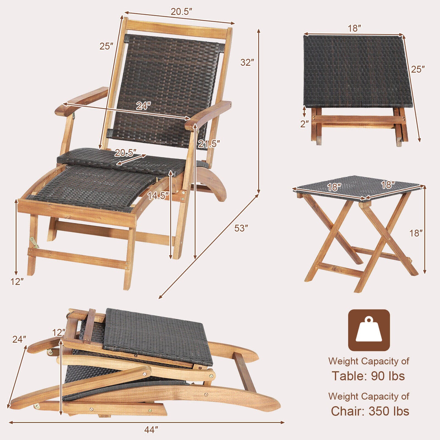 2 tumbonas plegables de ratán para patio con mesa de madera de acacia
