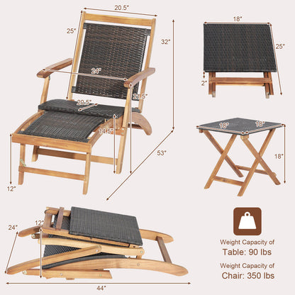 2 tumbonas plegables de ratán para patio con mesa de madera de acacia