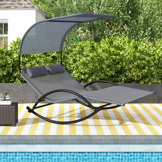 Outdoor Dual Rocker Sunbed 2-Person Canopied Patio Lounger with Detachable Headrests-Gray - Tampa Home & Garden Store