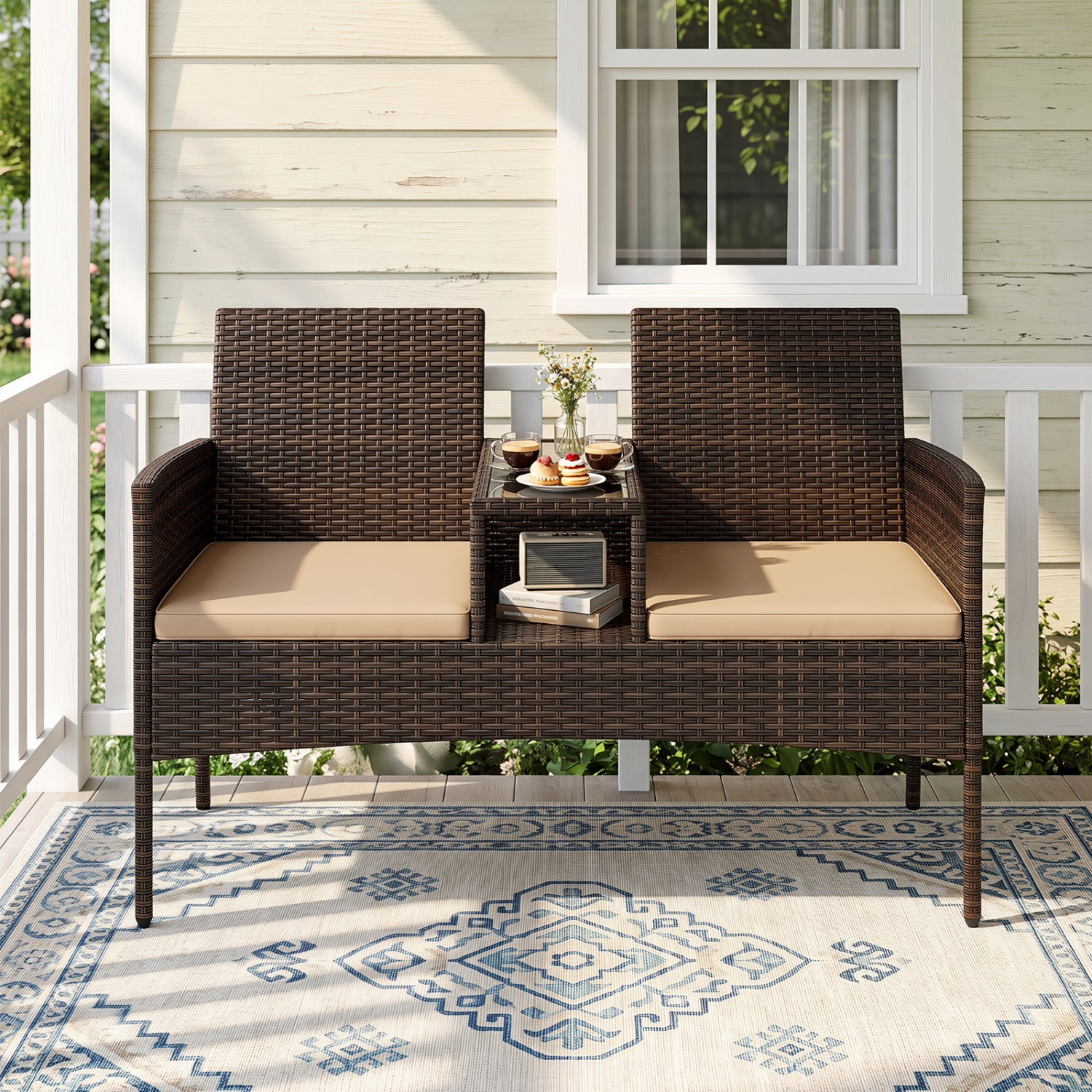 Patio loveseat 2-seat DirectDeals brown wicker with beige cushions and glass table on a porch on Tampa Home & Garden Store