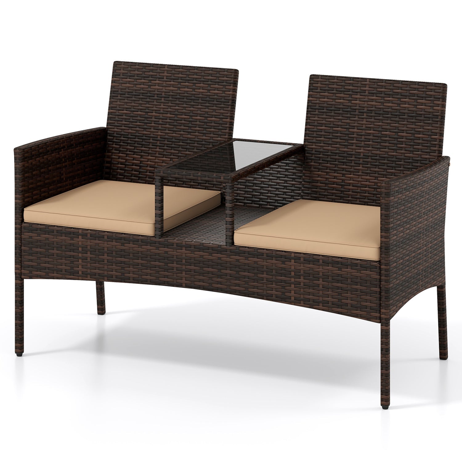 Patio loveseat 2-seat set in dark brown wicker with beige cushions and glass table DirectDeals on Tampa Home & Garden Store