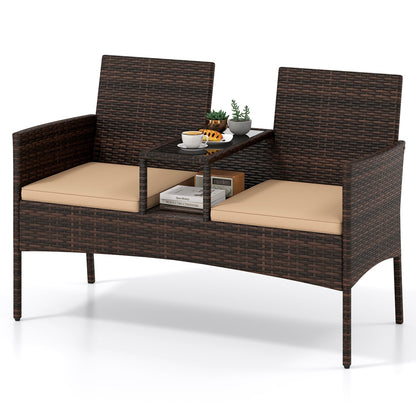 Patio loveseat 2-seat in dark brown wicker with beige cushions and glass table on Tampa Home & Garden Store