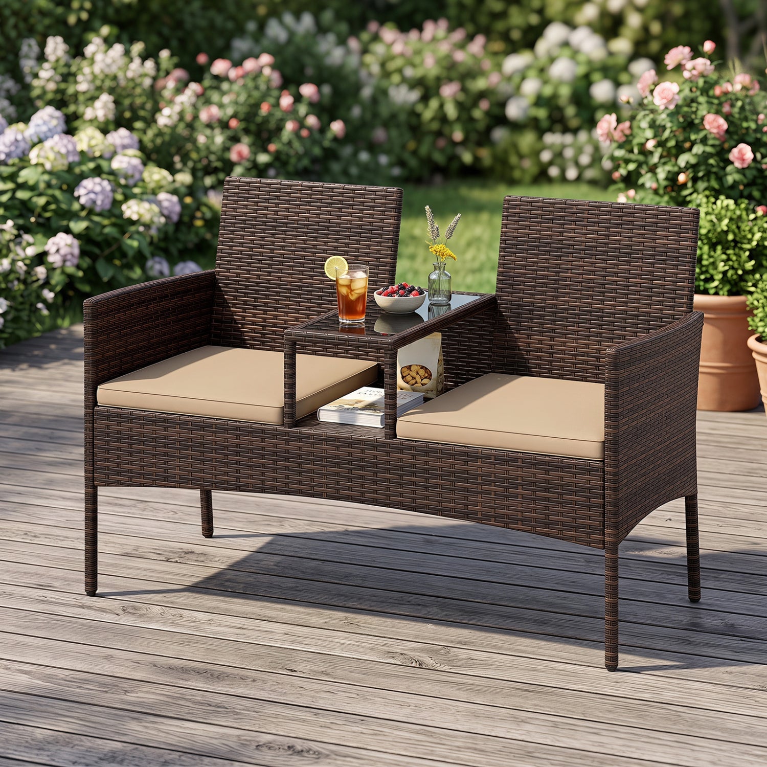 Patio Loveseat 2-Seat Set with Coffee Table in brown wicker by DirectDeals on Tampa Home & Garden Store