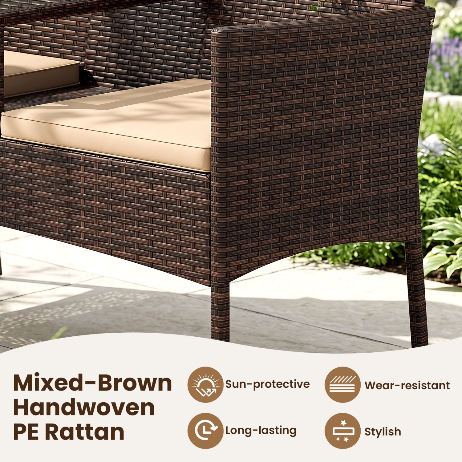 DirectDeals patio loveseat 2-seat set in mixed-brown handwoven PE rattan with beige cushions on Tampa Home & Garden Store