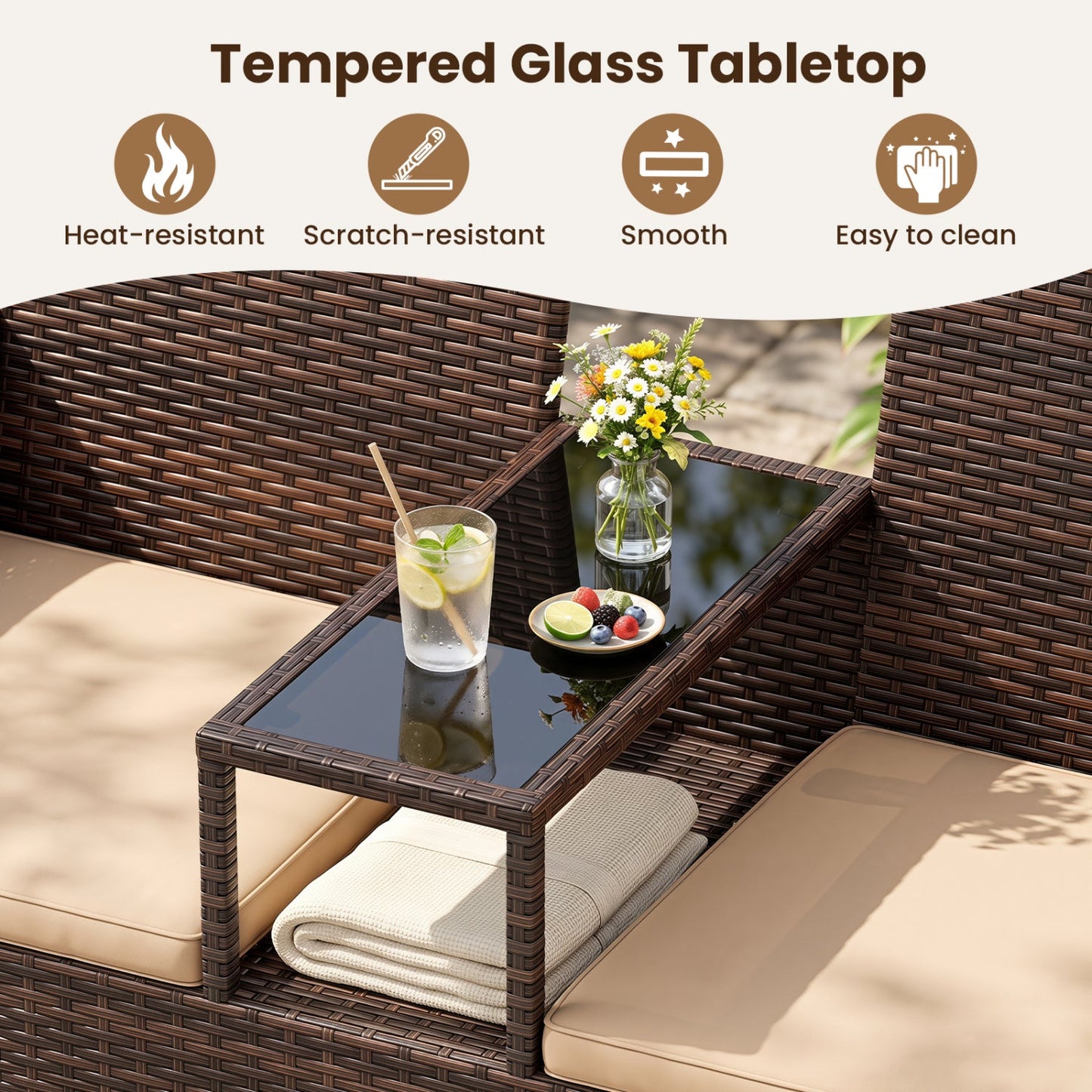 Patio Loveseat 2-Seat Conversation Set with Glass-Top Coffee Table in dark brown wicker on Tampa Home & Garden Store