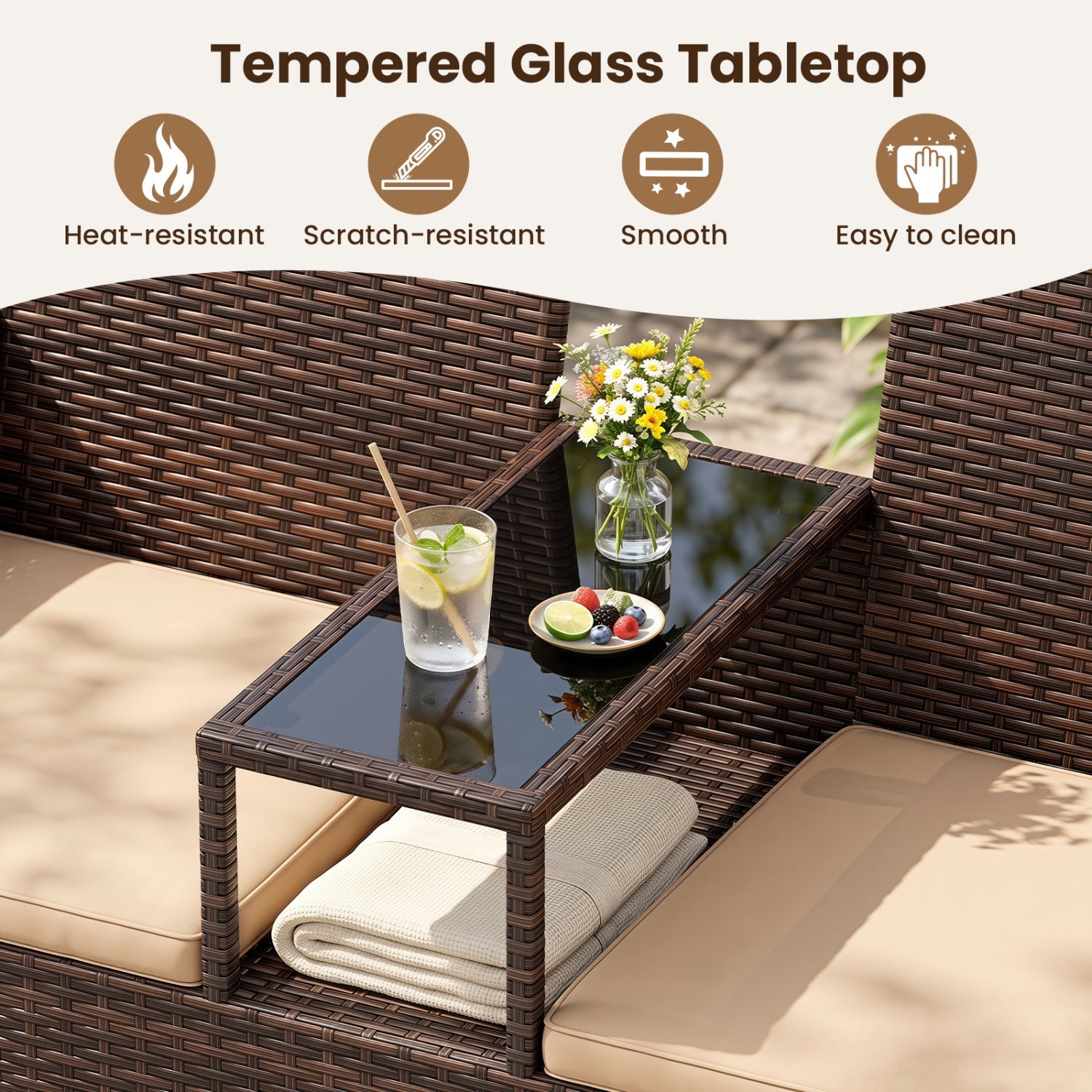 Patio Loveseat 2-Seat Conversation Set with Glass-Top Coffee Table in dark brown wicker on Tampa Home & Garden Store