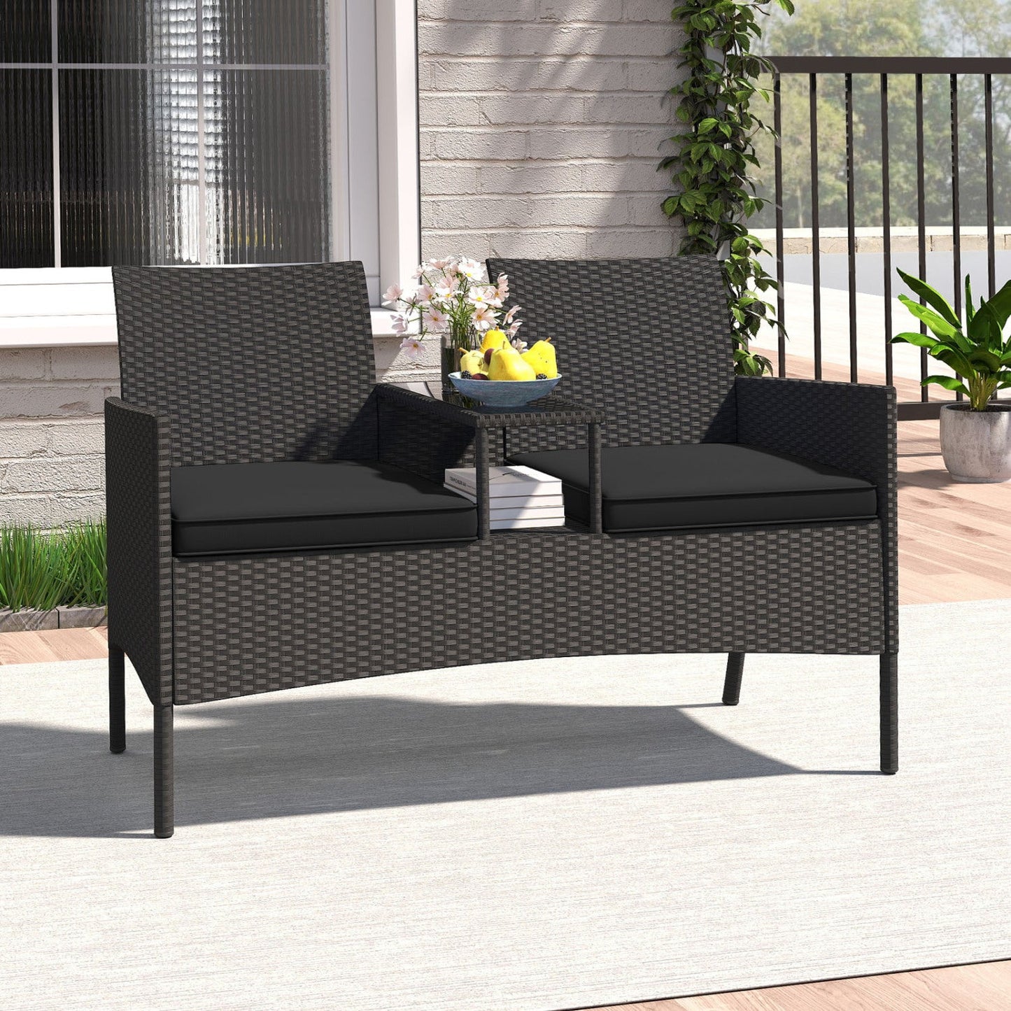 Patio conversation set with two black wicker armchairs and a built-in center table by DirectDeals on Tampa Home & Garden Store