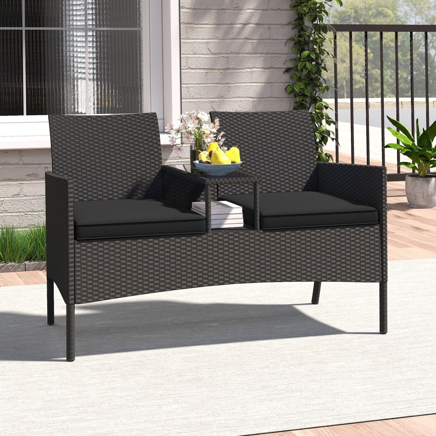 Patio conversation set with two black wicker armchairs and a built-in center table by DirectDeals on Tampa Home & Garden Store