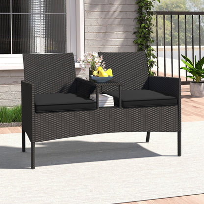 Patio conversation set with two black wicker armchairs and a built-in center table by DirectDeals on Tampa Home & Garden Store