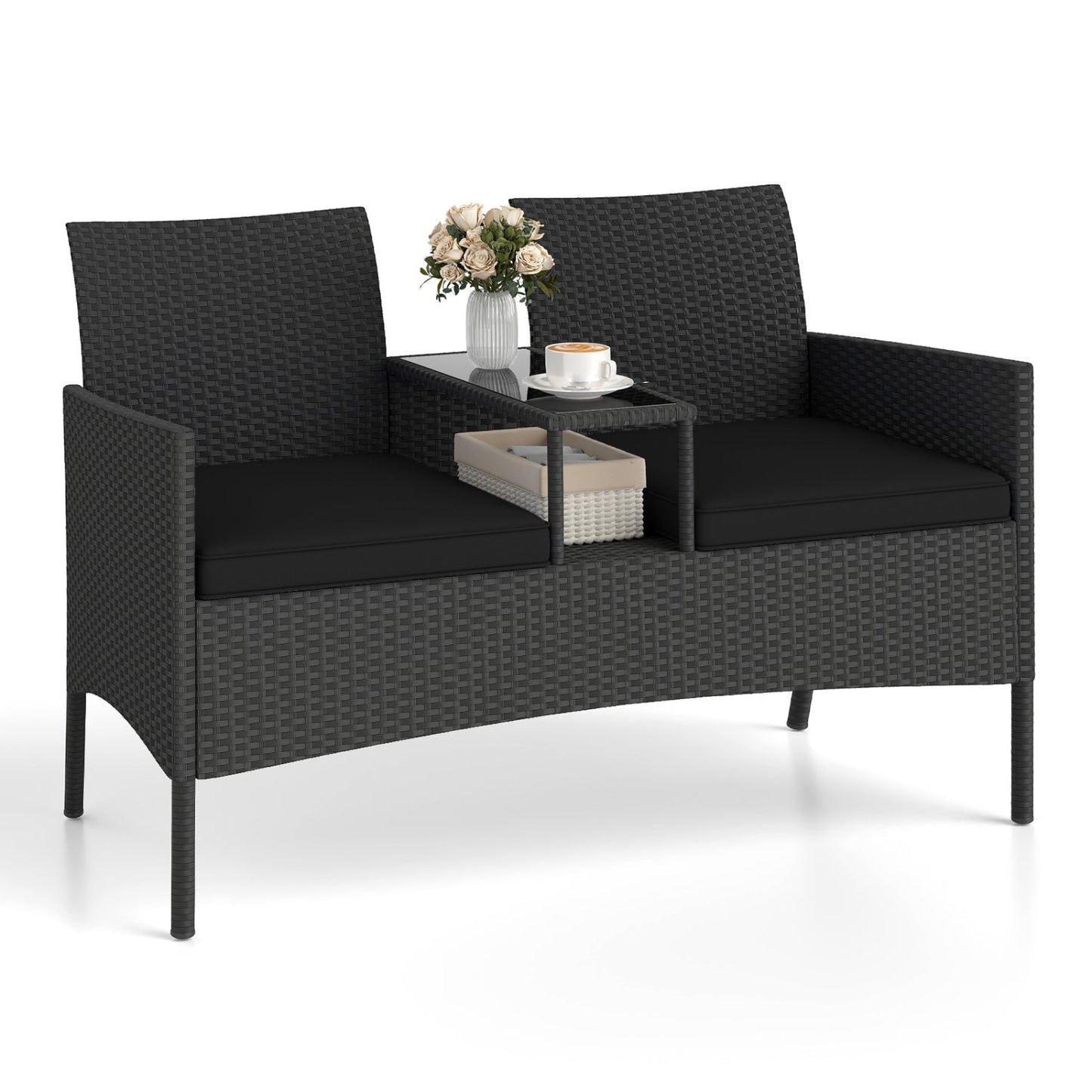 Patio Loveseat with Built-in Table and Storage in black wicker DirectDeals on Tampa Home & Garden Store