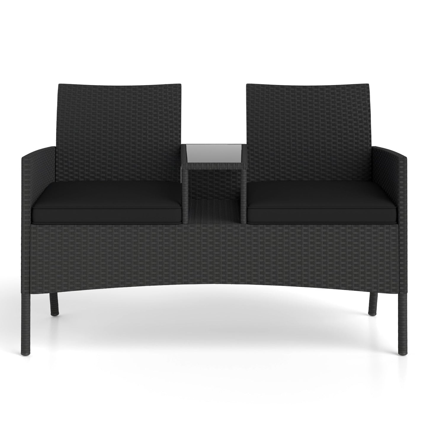 Patio Loveseat with Built-in Table and Storage in black wicker with cushioned seats on Tampa Home & Garden Store
