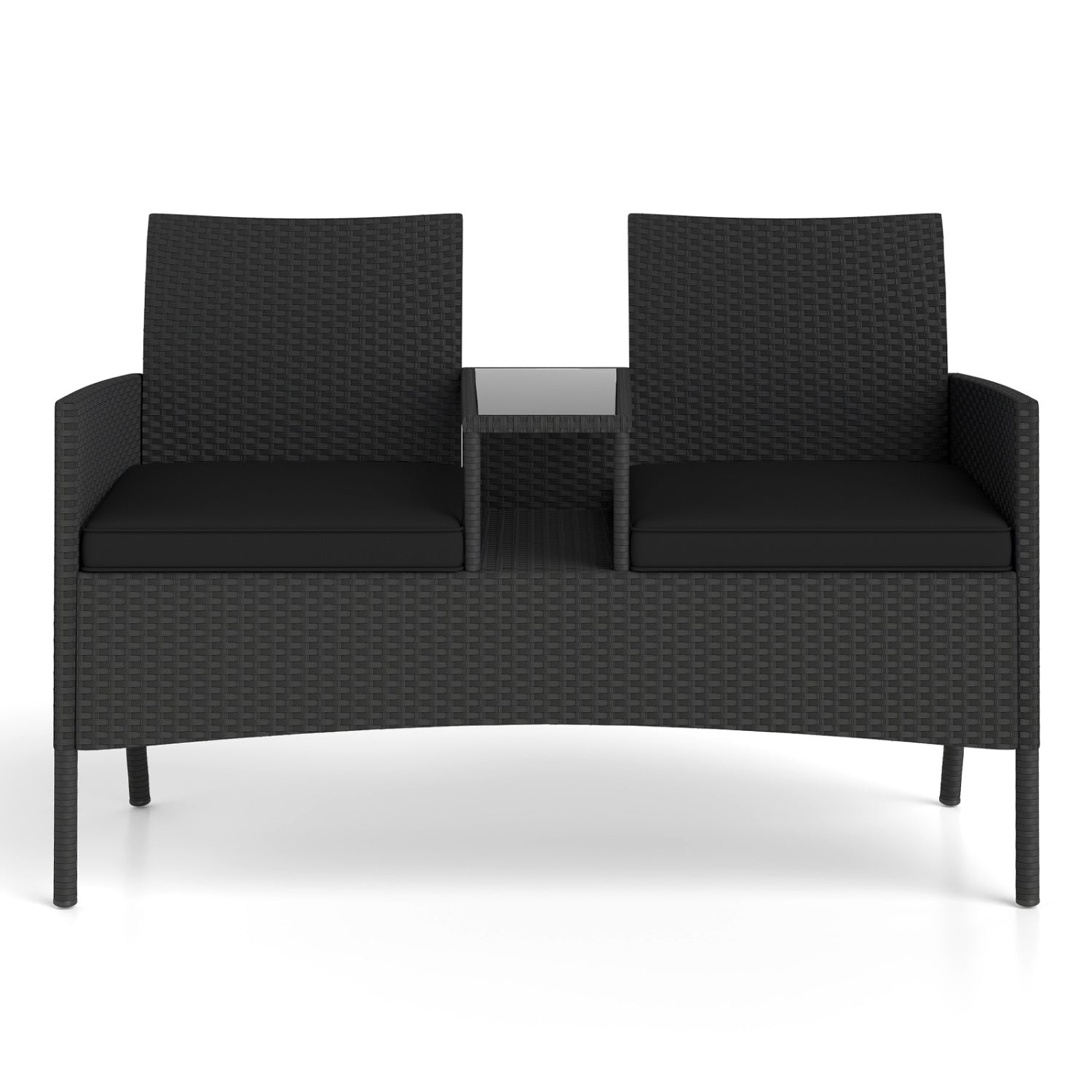 Patio Loveseat with Built-in Table and Storage in black wicker with cushioned seats on Tampa Home & Garden Store