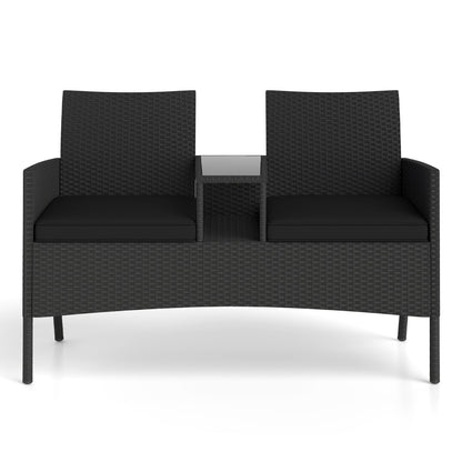 Patio Loveseat with Built-in Table and Storage in black wicker with cushioned seats on Tampa Home & Garden Store
