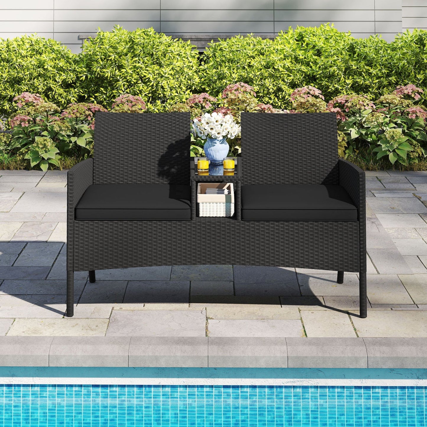 Patio Loveseat with Built-in Table and Storage by DirectDeals, black wicker 2-seat set on Tampa Home & Garden Store