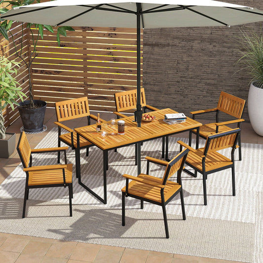 Patio Outdoor Dining Chair Set of 2 with Metal and Acacia Wood Frame - Tampa Home & Garden Store