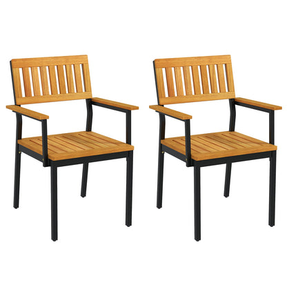 Patio Outdoor Dining Chair Set of 2 with Metal and Acacia Wood Frame