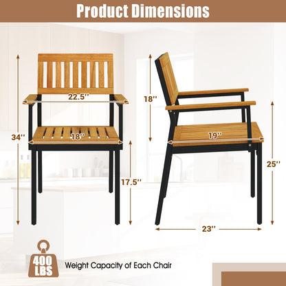 Patio Outdoor Dining Chair Set of 2 with Metal and Acacia Wood Frame