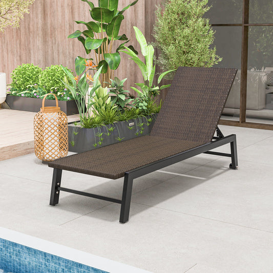 Patio PE Rattan Chaise Lounge with 5-Level Backrest and Wheels-Brown - Tampa Home & Garden Store