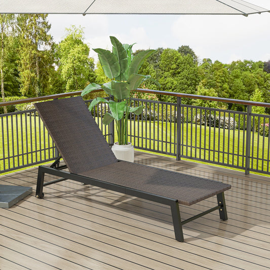 Patio PE Rattan Chaise Lounge with 5-Level Backrest and Wheels-Brown - Tampa Home & Garden Store