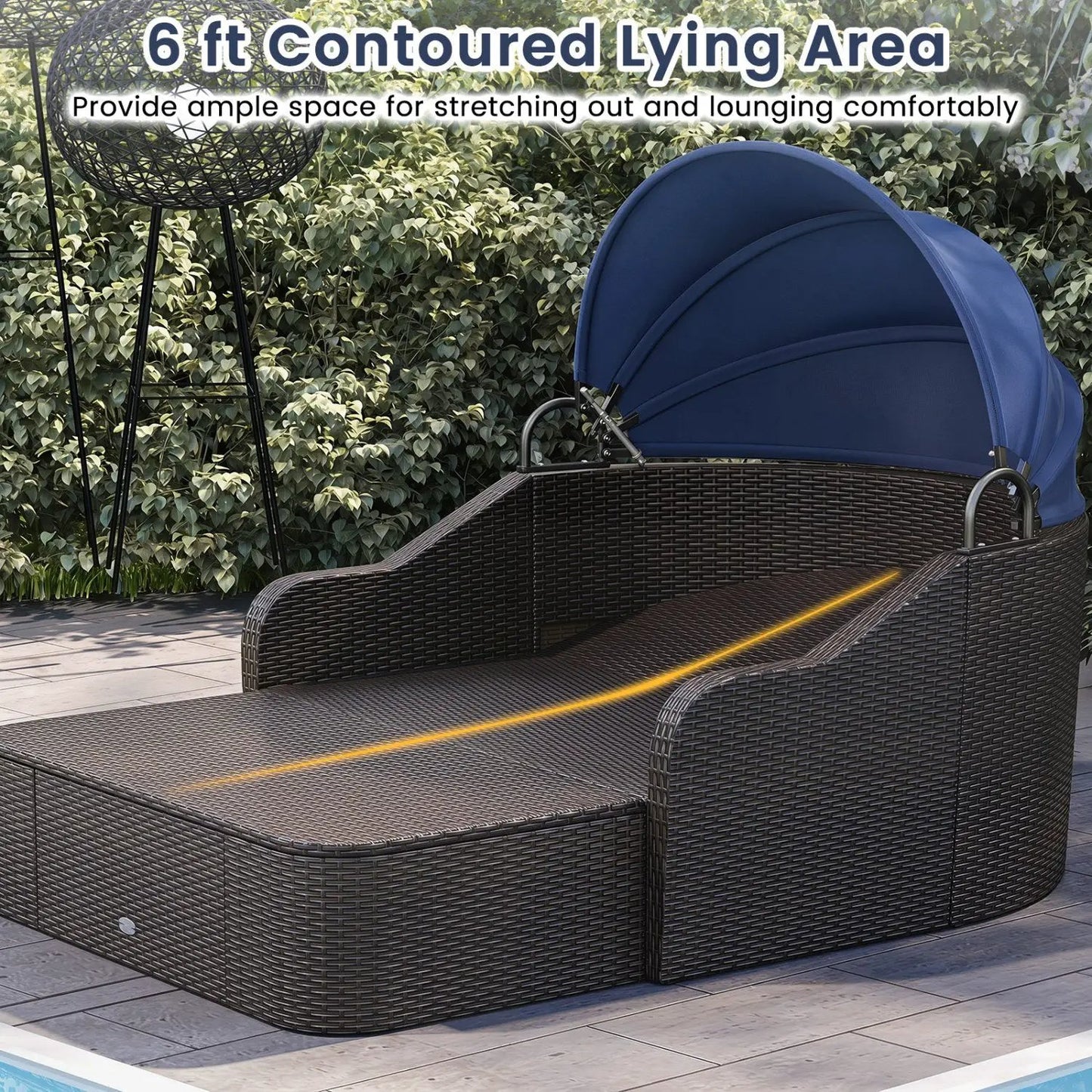 Rattan Daybed with Retractable Canopy Navy