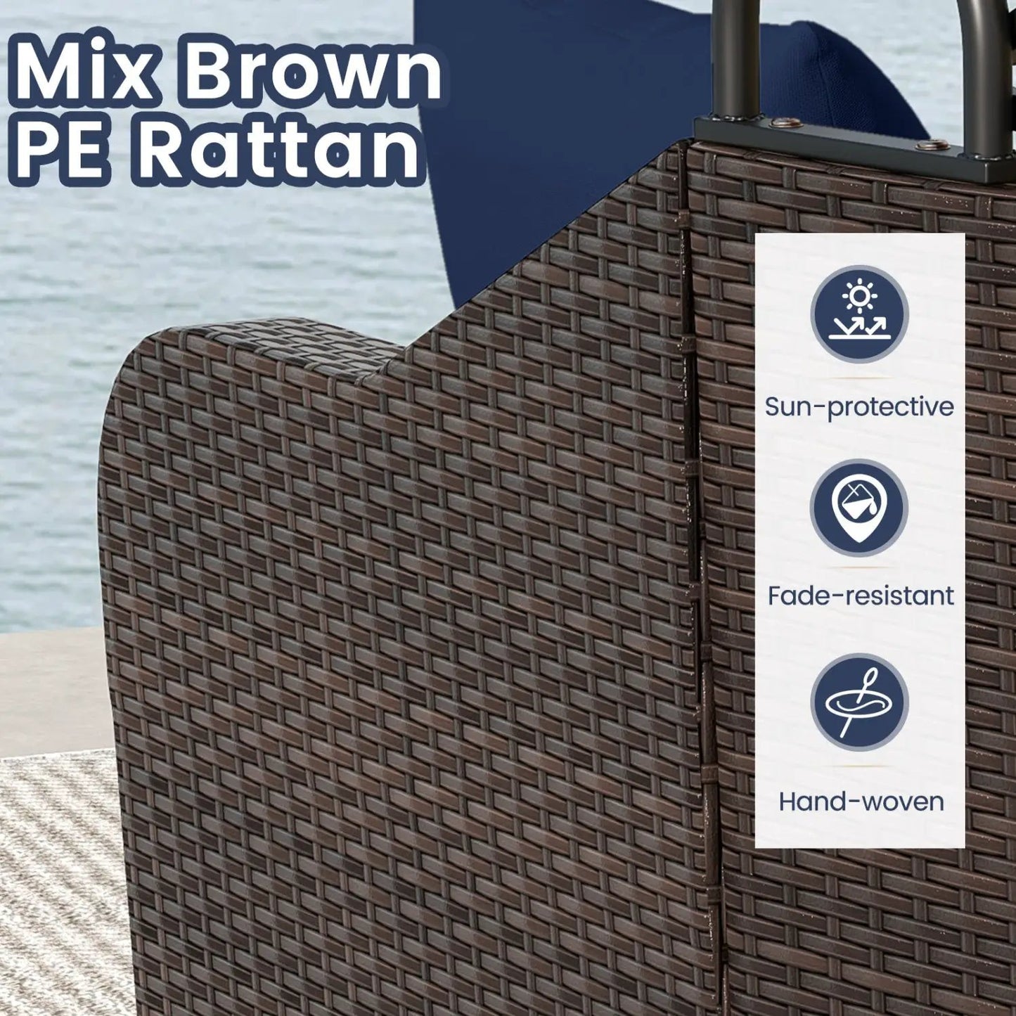 Rattan Daybed with Retractable Canopy Navy