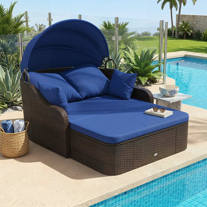 Rattan Daybed with Retractable Canopy Navy