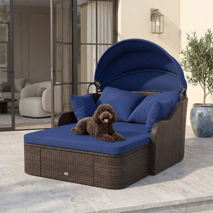 Rattan Daybed with Retractable Canopy Navy