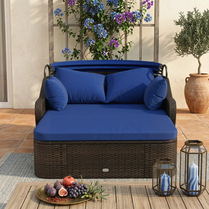 Rattan Daybed with Retractable Canopy Navy