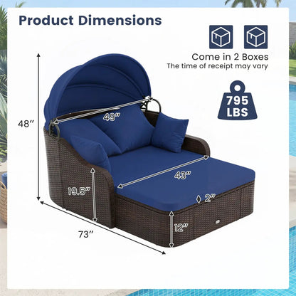 Rattan Daybed with Retractable Canopy Navy