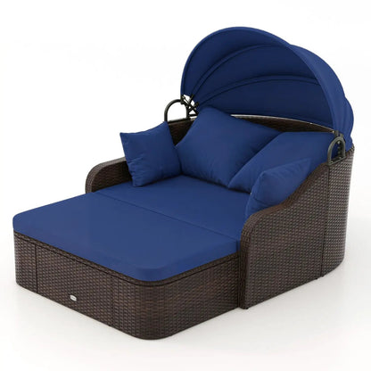 Rattan Daybed with Retractable Canopy Navy