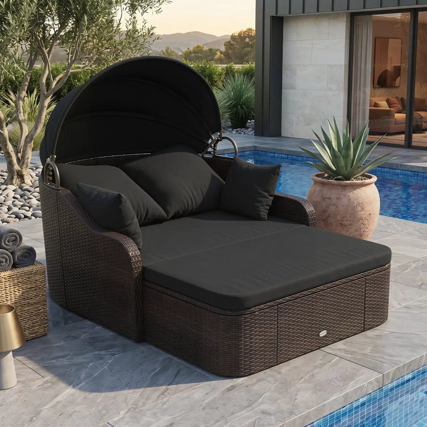 Outdoor Rattan Daybed Retractable Canopy Cushions