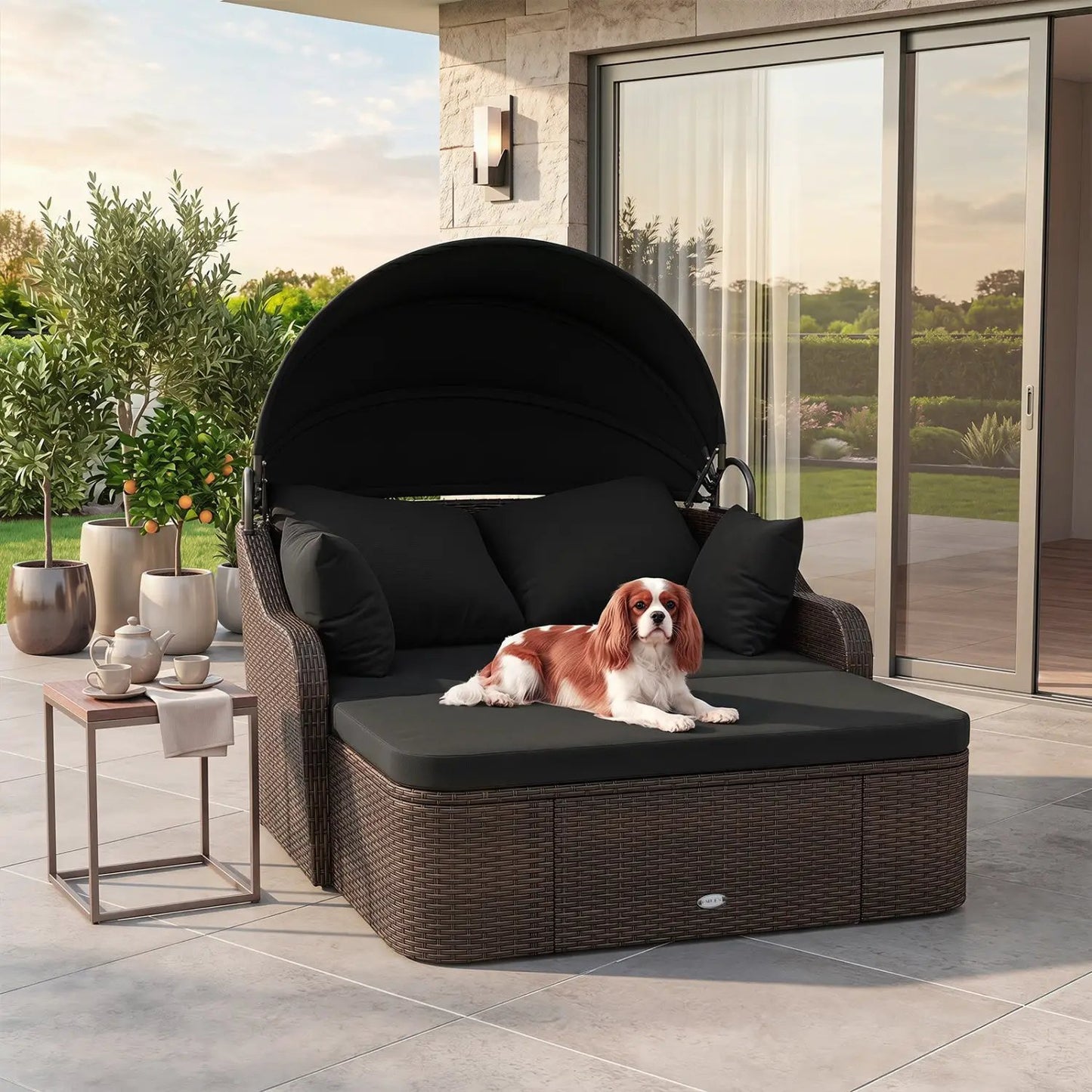 Outdoor Rattan Daybed Retractable Canopy Cushions