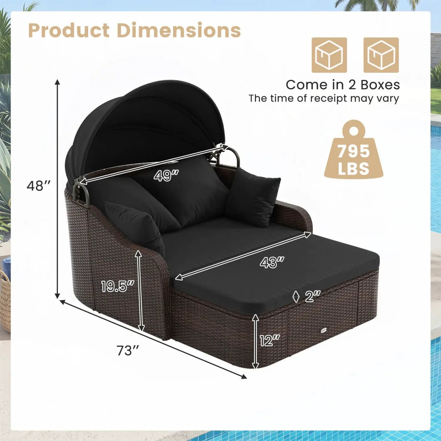 Outdoor Rattan Daybed Retractable Canopy Cushions