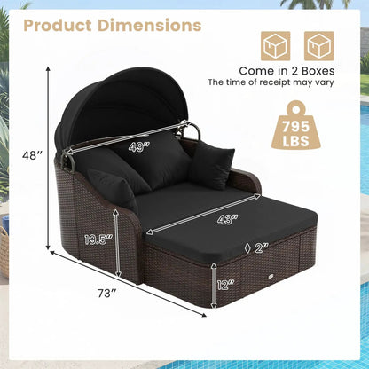 Outdoor Rattan Daybed Retractable Canopy Cushions