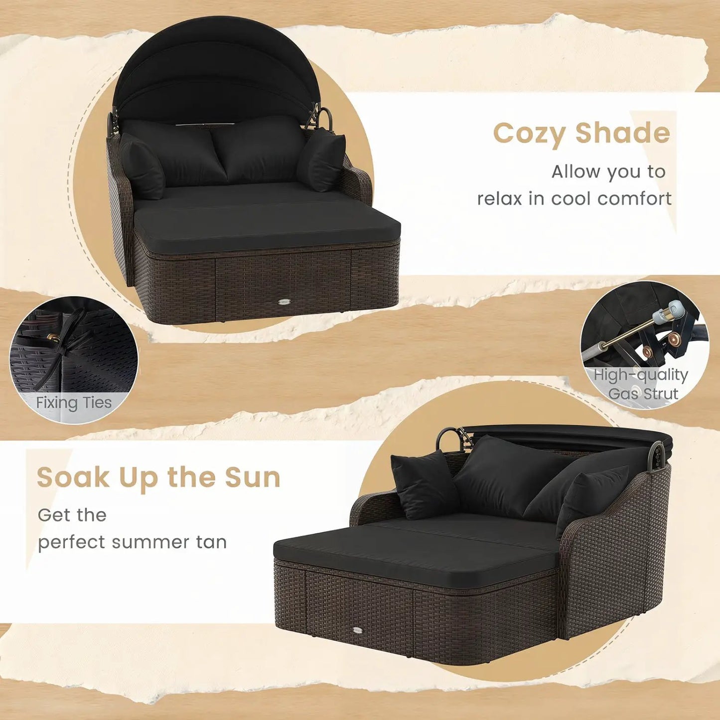 Outdoor Rattan Daybed Retractable Canopy Cushions
