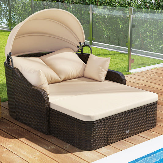 Tumbona de jardín de ratán PE con dosel retráctil y cojines suaves - Beige