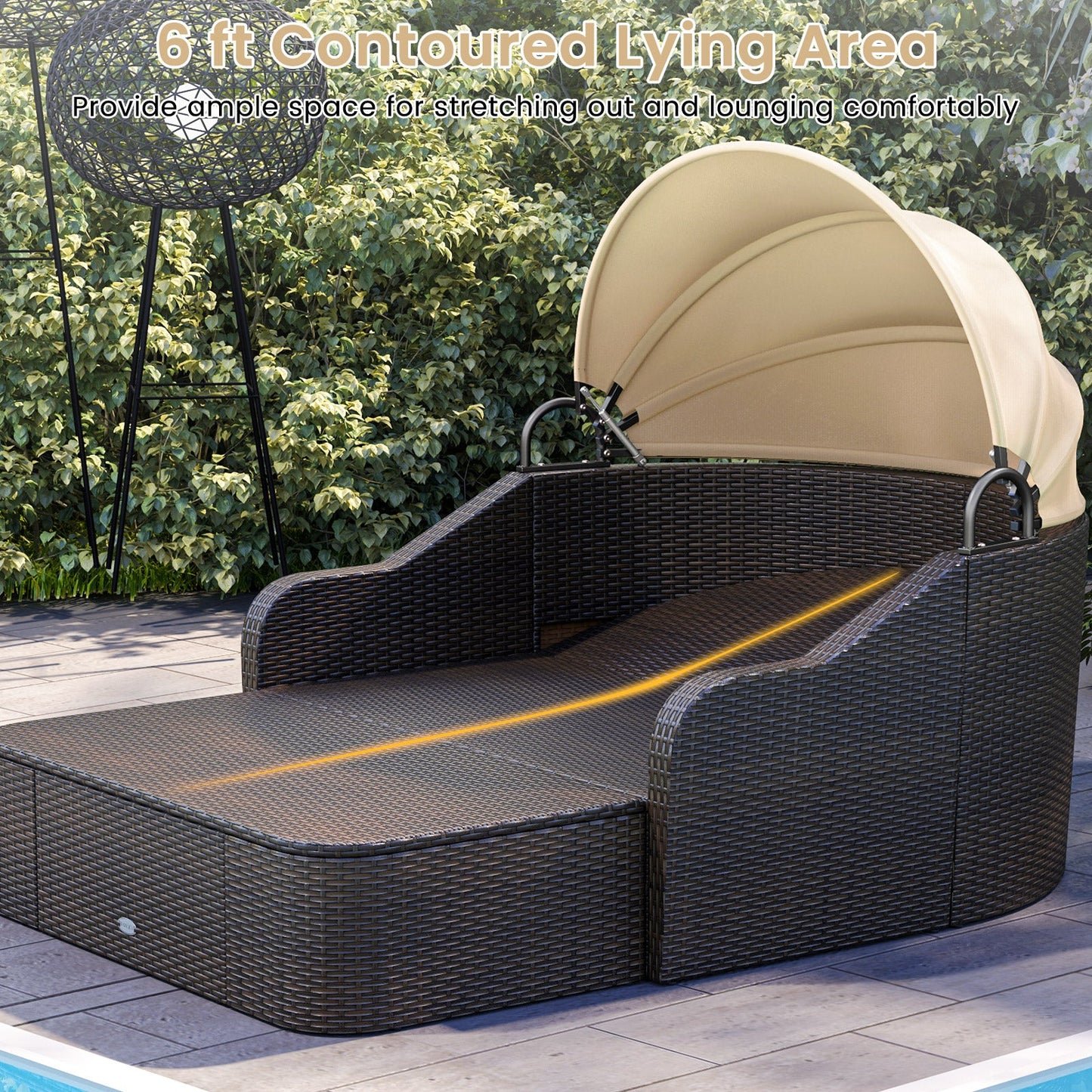 Patio PE Rattan Daybed with Retractable Canopy and Soft Cushions-Beige