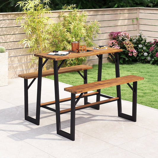 Patio Picnic Table Bench Set with Acacia Wood Tabletop and Benchtop - Tampa Home & Garden Store
