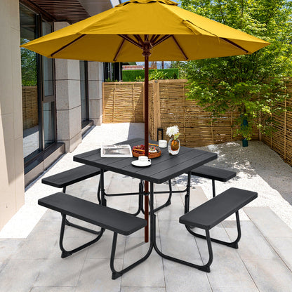 Mesa de picnic exterior con 4 bancos y agujero para sombrilla - Negro