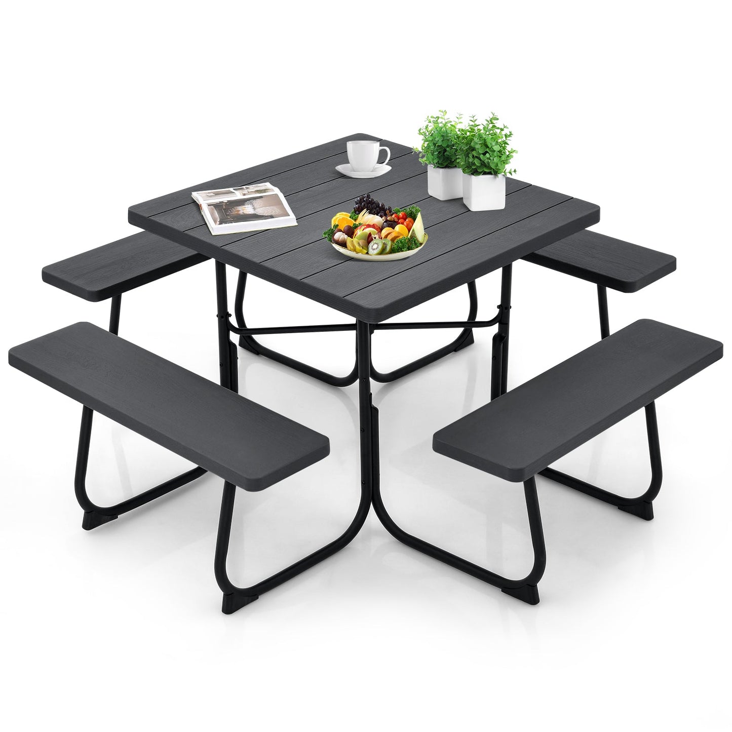 Mesa de picnic exterior con 4 bancos y agujero para sombrilla - Negro