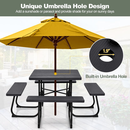 Mesa de picnic exterior con 4 bancos y agujero para sombrilla - Negro
