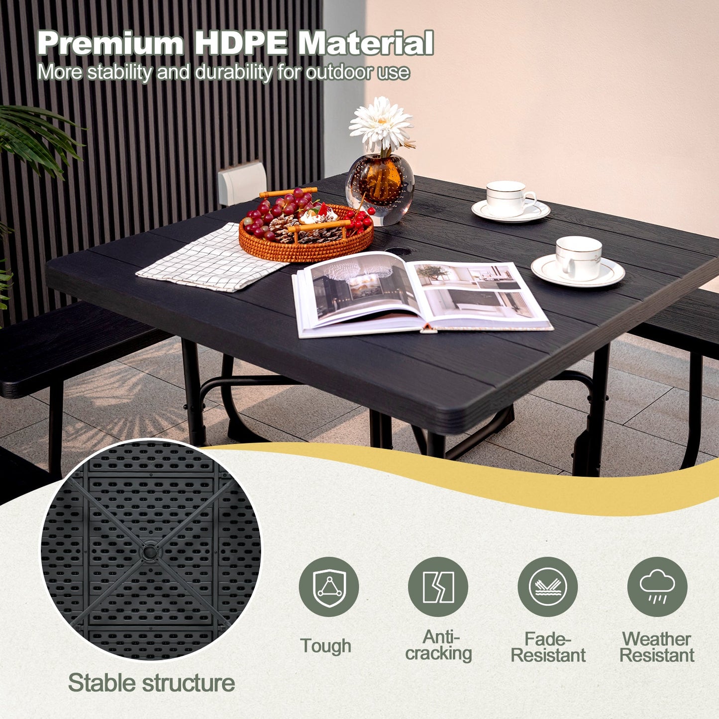 Mesa de picnic exterior con 4 bancos y agujero para sombrilla - Negro