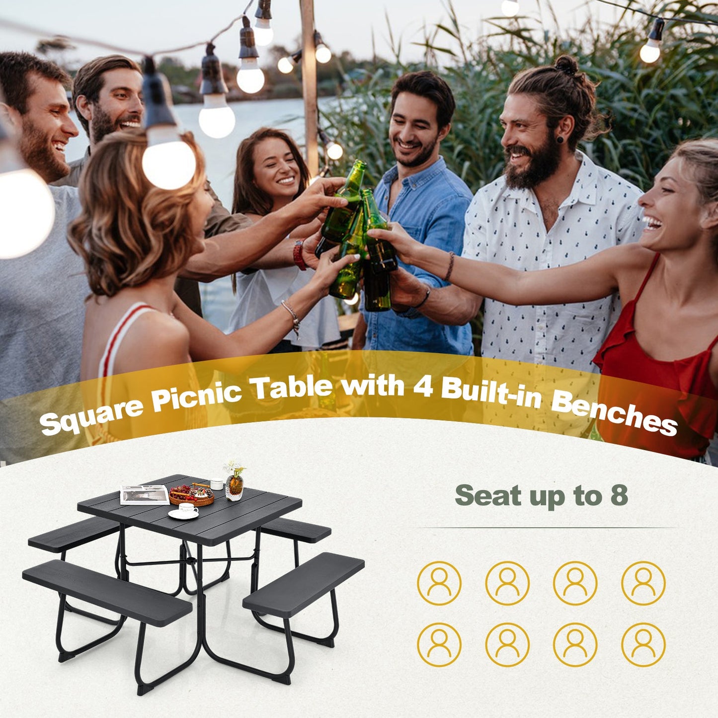 Mesa de picnic exterior con 4 bancos y agujero para sombrilla - Negro