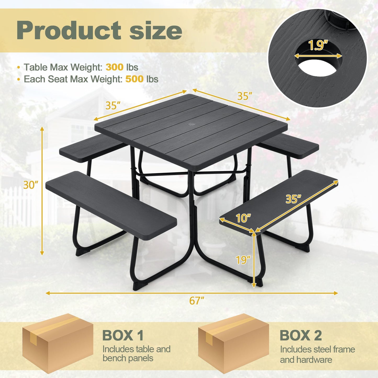 Mesa de picnic exterior con 4 bancos y agujero para sombrilla - Negro