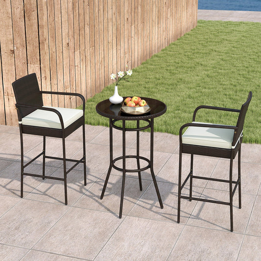 Patio Rattan Bar Height Table and Chairs with 2 Seat Cushions for Porch-White - Tampa Home & Garden Store