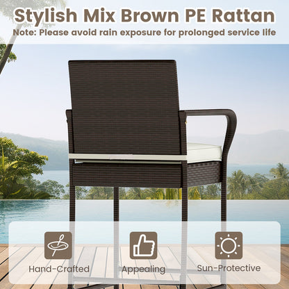 Patio Rattan Bar Height Table and Chairs with 2 Seat Cushions for Porch-White