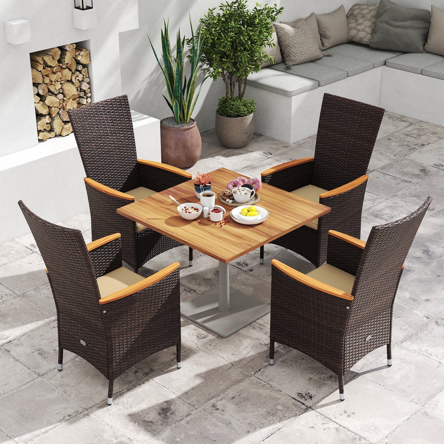 Patio Rattan Chairs Set of 4 Outdoor Wicker Dining Chairs with High Backrest-Beige