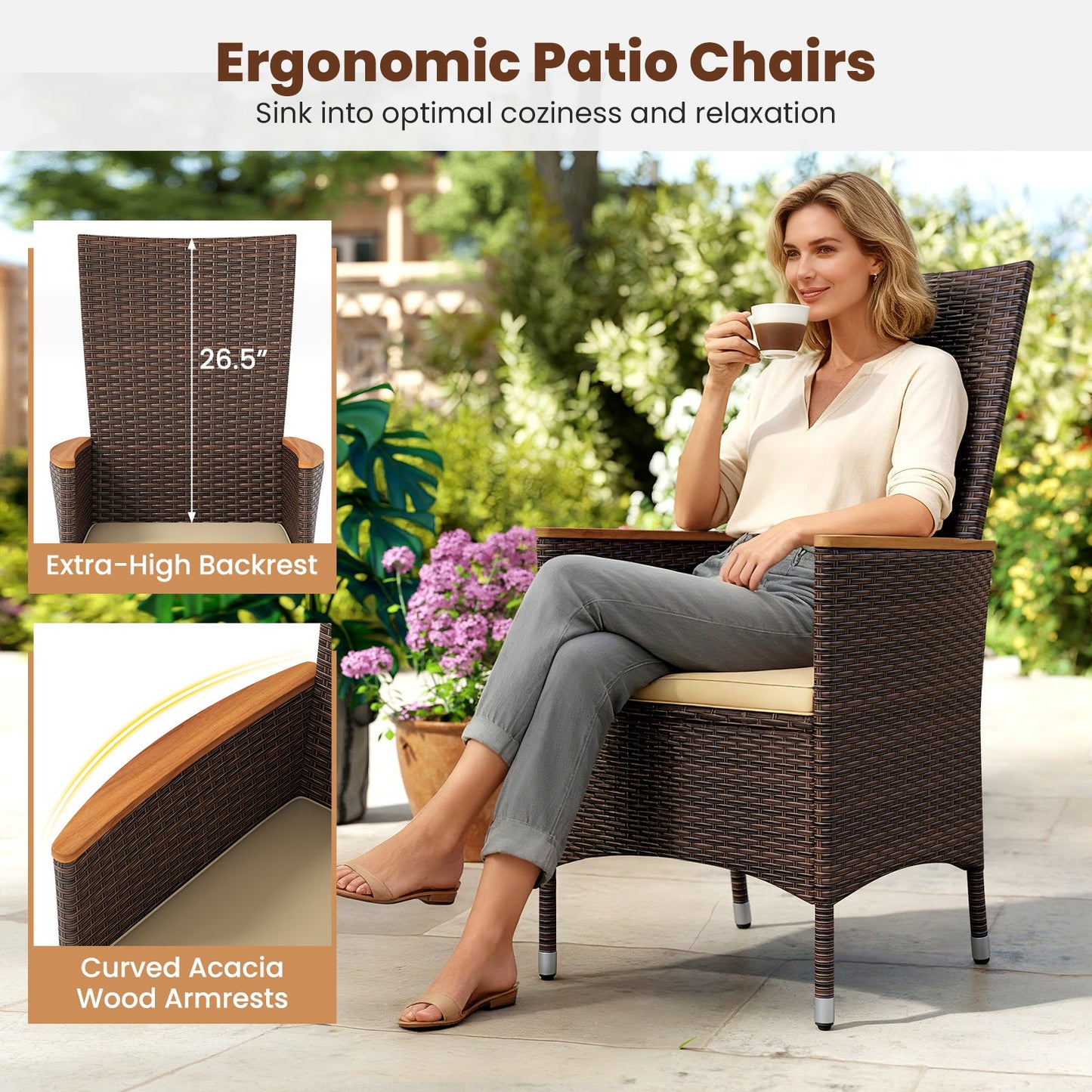 Patio Rattan Chairs Set of 4 Outdoor Wicker Dining Chairs with High Backrest-Beige