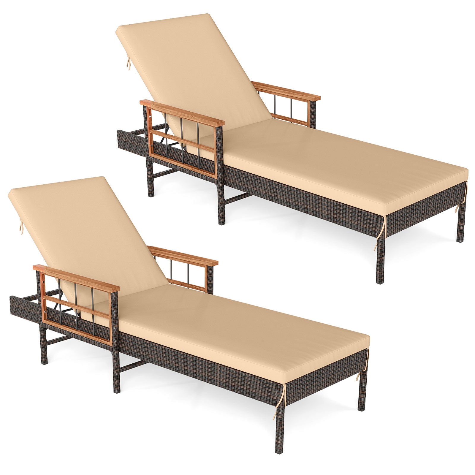 Patio Rattan Chaise Lounge with 4-Level Adjustable Backrest-Beige - Tampa Home & Garden Store